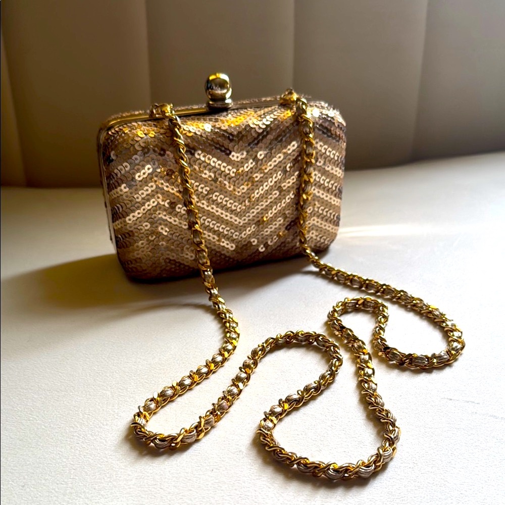 White House Black Market Gold Sequin Chevron Clutch